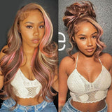 Perruque Lace Front Ondulée Cheveux Naturels Blonds avec Balayage Rose et Mèches Brunes
