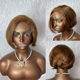 {50% de réduction} Perruque Lace Wig Cheveux Humains Courts Miel Pré-coiffée Raie Latérale 4.5 x 4.5