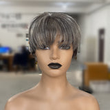 Perruque frontale coupe pixie en cheveux naturels gris poivre et sel