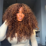 5x5 Skin Melt Lace Caramel Brown Highlight Kinky Curly Human Hair Wig
