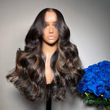 {Vente exceptionnelle} Perruque Lace Front Cheveux Humains Pré-épilés Ondulés avec Mèches