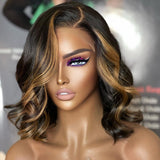 Keisha | Perruque Lace Bob Ondulée en Cheveux Naturels Vierge Blond Miel Méché