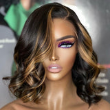 Keisha | Perruque Lace Bob Ondulée en Cheveux Naturels Vierge Blond Miel Méché