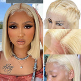 Perruque courte frontale 13x4 Bob en cheveux humains blonds 613 avec dentelle HD pré-épilée en 3D