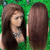 Perruque frontale en dentelle fondue naturelle avec cheveux de bébé bouclés, couleur marron yaki