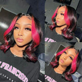 Crisssy | Perruque Lace Front Bob Ondulé avec Mèches Rose Vif Cheveux Humains Pré-épilés