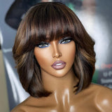 Perruque frontale en cheveux humains 13X6, coupe carrée à mèches, fondue, avec frange