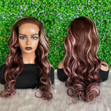 Perruque Lace Front Ondulée Cheveux Naturels Blonds avec Balayage Rose et Mèches Brunes