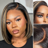 Perruque Bob Lace Front en Cheveux Humains Pré-épilée avec Reflets Blonds Ombrés