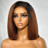 Perruque Bob Kinky Brésiliens Cheveux Naturels Ombrés Marron avec Dentelle Complète Faux Cuir Chevelu et Raie Libre, Pré-épilée