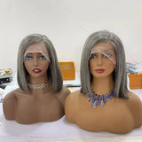 Perruque frontale bob en cheveux humains vierges gris poivre et sel