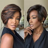 Perruque Lace Front à Cheveux Humains, Coupe Pixie Asymétrique, Mèches Miel et Marron, Pré-épilée