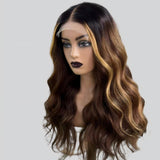 Péruque Lace Front 13x6 Sans Colle avec Bonnet Ajusté Effet Fondu Teintée Ombré avec Mèches Blanches