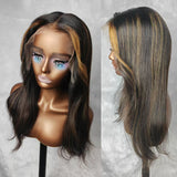 Perruque Lace Wig Ondulée Superposée Highlightées à Cordon de Serrage sans Colle, Taille 9x6/13x6