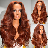 {Soldes Exceptionnels} Perruque Frontale 13x6 en Cheveux Humains, Dentelle Transparente, 250% Densité, Auburn, Ondulation Corporelle Marron Roux