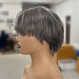 Perruque frontale coupe pixie en cheveux naturels gris poivre et sel