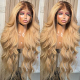 Perruque Lace Front Ombre Blonde Racine Foncée Cheveux Humains Ondulés