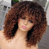 Perruque de cheveux humains bouclés châtains ombrés, entièrement fabriquée à la machine avec frange