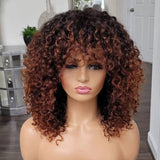 Perruque de cheveux humains bouclés châtains ombrés, entièrement fabriquée à la machine avec frange