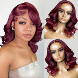 Perruque courte ondulée bordeaux 13x6 99J, densité 250 %, cheveux naturels, perruque Lace Front pré-épilée