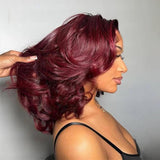 Perruque courte ondulée bordeaux 13x6 99J, densité 250 %, cheveux naturels, perruque Lace Front pré-épilée