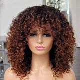 Perruque de cheveux humains bouclés châtains ombrés, entièrement fabriquée à la machine avec frange