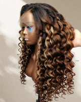 Perruque Lace Front Kinky Loose Highlights Capuchon Ajusté 13x6 Sans Colle Effet Peau Fondue