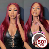 {50 % de réduction} Perruque Lace Front 5x5 Pré-coupée 99J Bordeaux Sans Colle Cheveux Humains