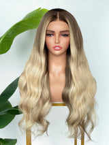 [SalonLux] Perruque Lace Front ondulée en cheveux humains, pre-plucked, mèches blond platine ombrées, lace HD 13x4