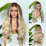 [SalonLux] Perruque Lace Front ondulée en cheveux humains, pre-plucked, mèches blond platine ombrées, lace HD 13x4