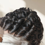 Perruque pleine lace de cheveux humains, bouclée et pré-coiffée, avec tulle transparent