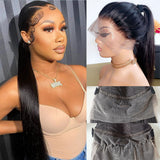 {Soldes Exceptionnels} Perruque Lace Front 360 à Sangles Invisibles, Cheveux Humains Lisses 250%