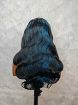 {DERNIÈRE-PIÈCE-EN-STOCK} Perruque ondulée 13x4 en cheveux humains bleus avec mèche transparente