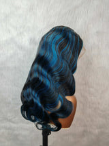 {DERNIÈRE-PIÈCE-EN-STOCK} Perruque ondulée 13x4 en cheveux humains bleus avec mèche transparente
