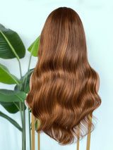 [SalonLux] Perruque Frontale en Dentelle HD 13x4 avec Cheveux Humains Ondulés, Prédécoupée, Roux avec Mèches Claires