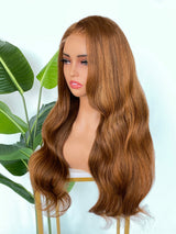 [SalonLux] Perruque Frontale en Dentelle HD 13x4 avec Cheveux Humains Ondulés, Prédécoupée, Roux avec Mèches Claires