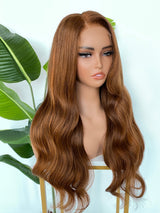 [SalonLux] Perruque Frontale en Dentelle HD 13x4 avec Cheveux Humains Ondulés, Prédécoupée, Roux avec Mèches Claires