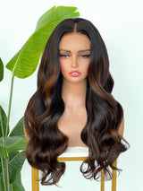 [SalonLux] Perruque Frontale en Cheveux Humains, Dentelle HD 13x4, Ondulée, Pré-épilée, avec Mèches Faits Saillants