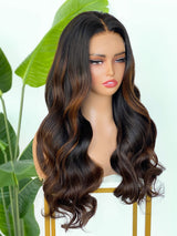 [SalonLux] Perruque Frontale en Cheveux Humains, Dentelle HD 13x4, Ondulée, Pré-épilée, avec Mèches Faits Saillants