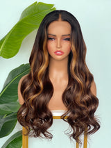[SalonLux] Perruque Lace Front à Ondulations, Mèches Blanches, Cheveux Humains, Pré-épilée, Dentelle HD 13x4