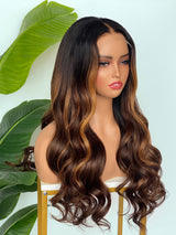 [SalonLux] Perruque Lace Front à Ondulations, Mèches Blanches, Cheveux Humains, Pré-épilée, Dentelle HD 13x4