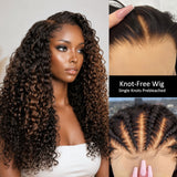 KNOT-FREE - 13x6 Skin Melt Lace Preplucked Human Hair Frontal Ombre Brown Curly Wig