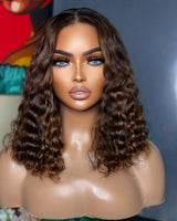Perruque Ombre Bob Ondulée Mèche Faite de Cheveux Humains, Pré-Épilée à 250%, Perruque Lace Front