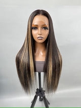 Perruque Lace Front Droite Diva Ombré Balayage Pré-épilée en Cheveux Humains avec Mèches