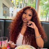 {Vente Flash} Perruque Frontale 13x6 Cheveux Humains Dentelle Transparente Complète 250% Auburn Onde Aquatique Marron Roux