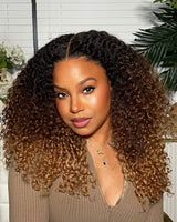 Perruque Lace Front de cheveux humains crépus et bouclés, couleur ombré marron/blond