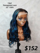 {DERNIÈRE-PIÈCE-EN-STOCK} Perruque ondulée 13x4 en cheveux humains bleus avec mèche transparente