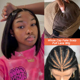 Perruque Bob lisse en cheveux humains avec raie libre, pre-plumée, lace frontale avec faux cuir chevelu