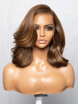 Perruque Bob Lace Frontal Cheveux Humains, Fausses Racines, Raie Libre, Pré-épilée, Yaki Marron Clair