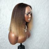 13x6 Skin Melt Lace Fitted Cap Human Hair 250% Ombre Highlight Kinky Straight Bob Wig